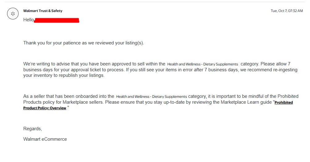 Real Walmart Dietary Supplements approval email